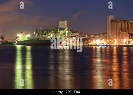 Rouen   Grand Couronne (northern France): the river port across the River Seine, HAROPA Port. Silos, Senalia grain bins by the River Seine: loading wh Stock Photo