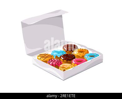 Donuts in the box. Sweet snack dough in box, chocolate cake dough in paper box with logo, appetizing glazed dessert. Vector colorful set Stock Vector