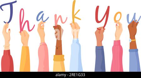 Hands holding appreciation. Thankful female multicultural hands of customers colleagues handwriting letters thank you word, thanking client appreciate team vector illustration of appreciation hand Stock Vector