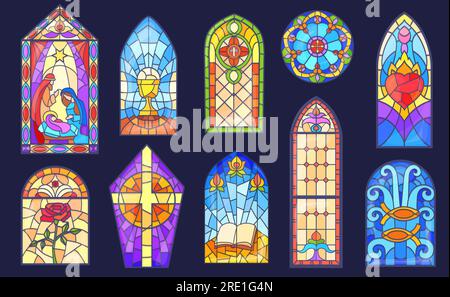 Cartoon stained glass. Beautiful stain church windows frames christian or catholic religious, coloring mosaic window with christmas cathedral temple vector illustration of old christian cathedrals Stock Vector