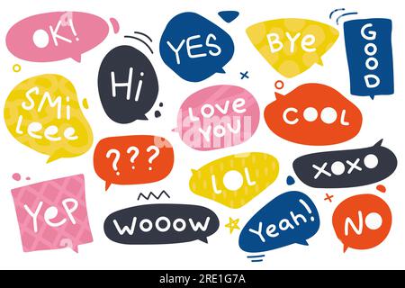 Dialogue bubbles with phrases. Comic speech balloons for greeting and expression, colorful text chat shapes. Vector isolated collection Stock Vector
