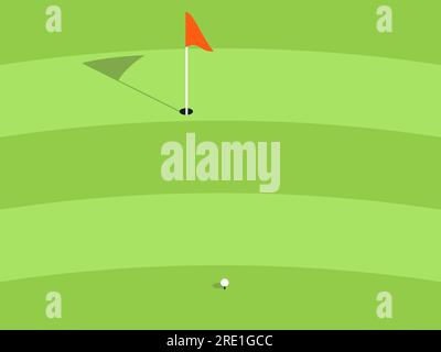 The short distance from the golf ball to the hole. Striped golf course in a minimalist style. Green lawn with a flag and a hole. Design for banners, p Stock Vector