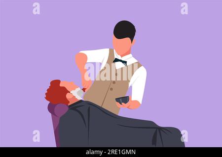 Character flat drawing hipster client visiting barber shop. Sitting on chair to shave beard. Hairstylist serving client at barbershop. Professional ba Stock Photo