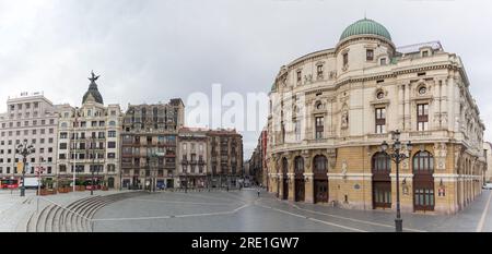 Bilbao Spain - 07 05 2021: Panoramic exterior view at the Arriaga square, an iconic plaza on Casco Viejo, Arriaga Theatre, Bilbao downtown city, Spain Stock Photo