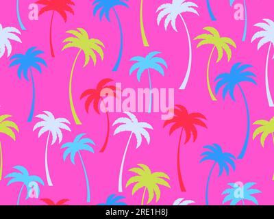 Multicolored palm trees seamless pattern. Tropical palm trees with curved tree trunks of different colors on a pink background. Design for printing t- Stock Vector