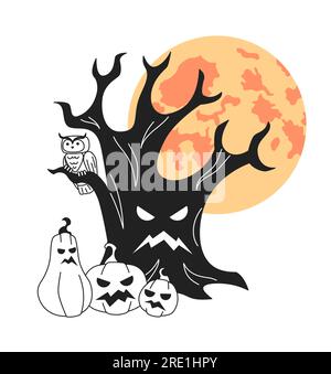 monochrome background halloween tree with pumpkins and bats vector ...