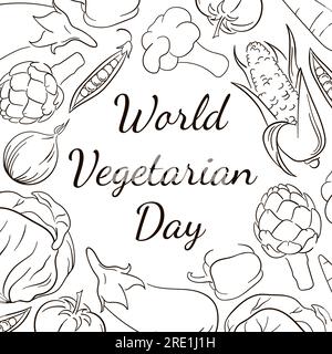 World Vegetarian Day frame in line art style. Vegetables round composition with natural healthy food. Hand drawn vector illustration. Stock Vector