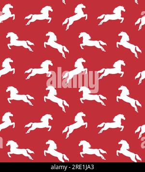 Vector seamless pattern of hand drawn sketch dressage horse jumping silhouette isolated on red background Stock Vector