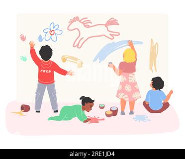 Kids painting party vector illustration with happy children drawing Stock Vector