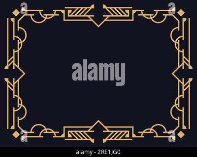 Art deco frame. Vintage linear border in gold color on a black background. Design a template for invitations, leaflets and greeting cards. The style o Stock Vector