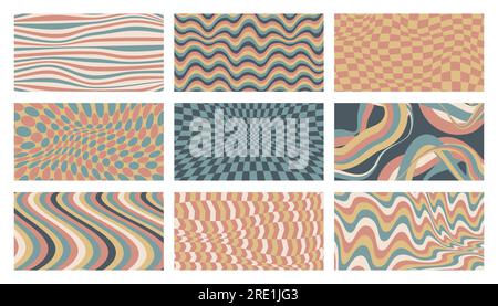 Groovy background set. 70s psychedelic abstract wallpaper with hippie flowery patterns, retro 70s decorative backdrop for banner design. Vector collection. Dynamic flowing colorful curves Stock Vector