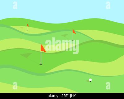 Golf field. Wavy green meadow in a minimalist style. Golf course with holes and red flags. Landscape with green fields. Design for advertising product Stock Vector