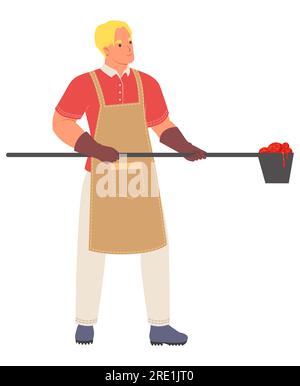 Blacksmith character wearing in apron carrying molten metal in ladle Stock Vector
