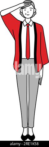 Senior woman wearing a red happi coat smiling and jumping, Vector ...