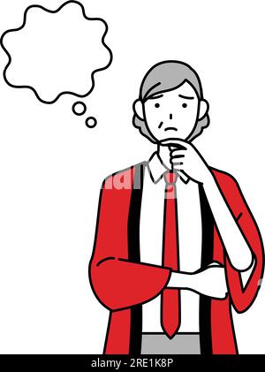 Senior woman wearing a red happi coat scratching her head in distress ...