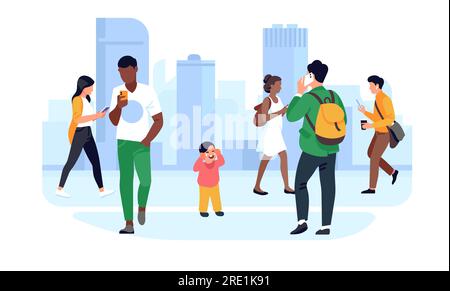 Small child is lost and crying in city street. Lonely kid. Indifferent people walking with smartphones in park. Missing baby. Searching forgotten son Stock Vector