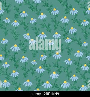 Seamless pattern Creative floral print with chamomile flowers, leaves in hand drawn style on a blue-turquoise background. Spring summer template for d Stock Vector