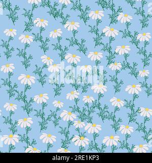 Seamless pattern Creative floral print with chamomile flowers, leaves in hand drawn style on a blue-turquoise background. Spring summer template for d Stock Vector