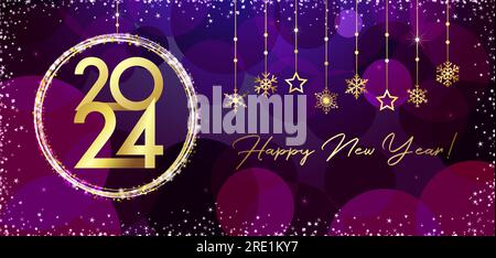 Horizontal greeting card A Happy New Year 2024. Christmas ball with creative number 20 24. Golden snowflakes. Holiday garland elements. Isolated frame Stock Vector