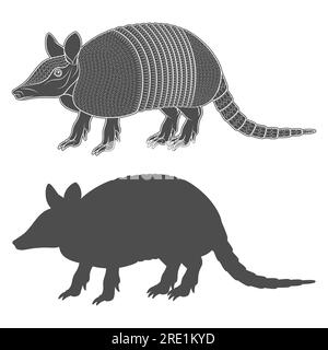 Set of black and white illustration with an armadillo. Isolated vector objects on white background. Stock Vector