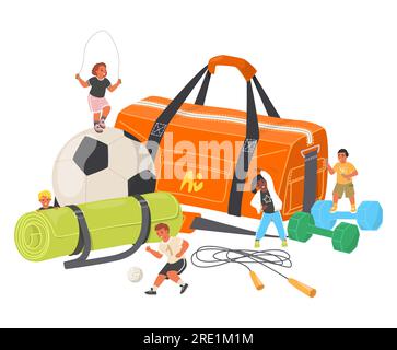 Sport poster with cartoon vector tiny children doing physical exercise Stock Vector