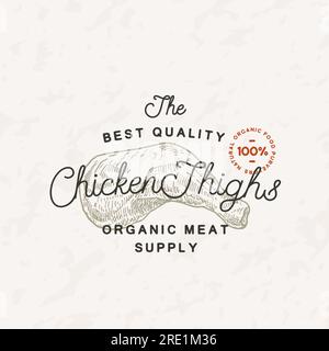 Poultry Vintage Vector Label Logo Template. Engraving Style Meat Illustration with Typography. Hand Drawn Retro Chicken Thighs Drawing Emblem Isolated Stock Vector