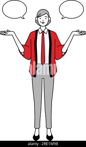Senior woman wearing a red happi coat smiling and jumping, Vector ...