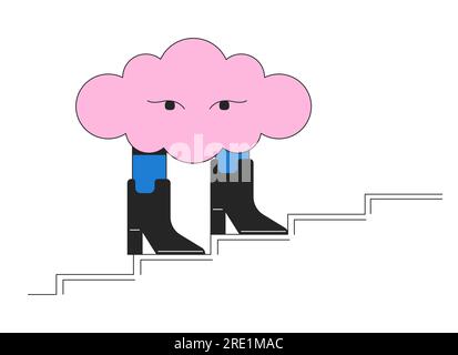 Surreal cloud walking in boots flat line concept vector spot illustration Stock Vector