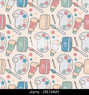 Hand drawn artistic set seamless pattern. All for drawing background. Drawn items for artists print. Model with paints, palette, brush, sketchbook Stock Vector