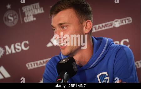 Geneva, Switzerland. 24th July, 2023. Genk's Bryan Heynen pictured during a press conference of Belgian soccer team KRC Genk, Monday 24 July 2023 in Geneva, Switzerland, in preparation of tomorrow's match against Servette FC in the second qualifying round for the UEFA Champions League competition. BELGA PHOTO VIRGINIE LEFOUR Credit: Belga News Agency/Alamy Live News Stock Photo