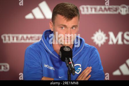 Geneva, Switzerland. 24th July, 2023. Genk's Bryan Heynen pictured during a press conference of Belgian soccer team KRC Genk, Monday 24 July 2023 in Geneva, Switzerland, in preparation of tomorrow's match against Servette FC in the second qualifying round for the UEFA Champions League competition. BELGA PHOTO VIRGINIE LEFOUR Credit: Belga News Agency/Alamy Live News Stock Photo