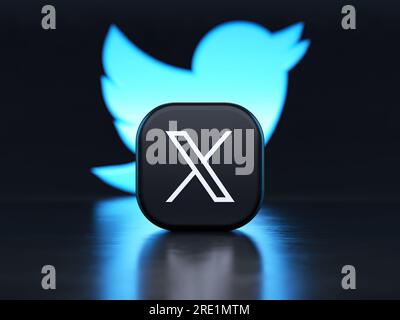 Valencia, Spain - July, 2023: X app logo in front of the Twitter blue bird symbol background in 3D rendering. X is the new name and logo of the social Stock Photo