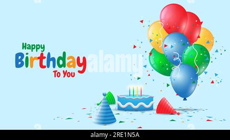 colorful happy birthday background with 3d balloons, birthday hat, birthday cake and confetti. suitable for greeting card, banner, poster, invitation, Stock Vector