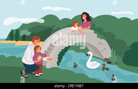 Family feeding ducks on pond. Happy parents with kids give crumbs and grains to birds in park. People birdwatching on river bridge. Outdoor walk Stock Vector