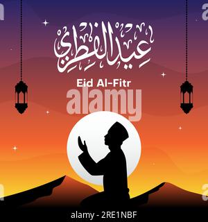 Eid Al-Fitr social media post or greeting card with moon, lantern,silhouette of a person praying and arabic calligraphy. vector illustration Stock Vector