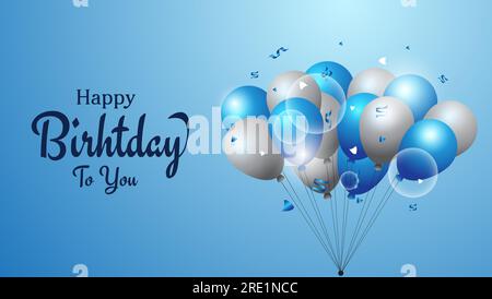 Birthday balloons vector background design.Happy birthday to you text with balloon and confetti decoration element in blue and white. vector illustrat Stock Vector