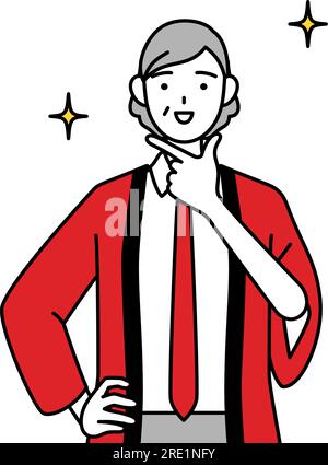Senior woman wearing a red happi coat pointing at a whiteboard with an ...