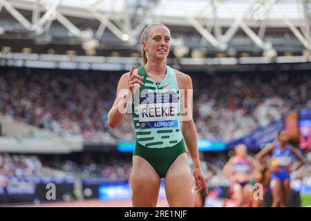 Jemma REEKIE of Great Britain & NI celebrates after winning the Womenâ&#x80;&#x99;s 800m during the London Athletics Meet, Wanda Diamond League meeting on 23 July 2023 at the London Stadium in London, England Stock Photo