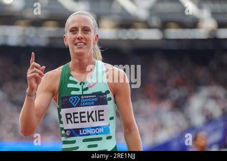 Jemma REEKIE of Great Britain & NI celebrates after winning the Womenâ&#x80;&#x99;s 800m during the London Athletics Meet, Wanda Diamond League meeting on 23 July 2023 at the London Stadium in London, England Stock Photo