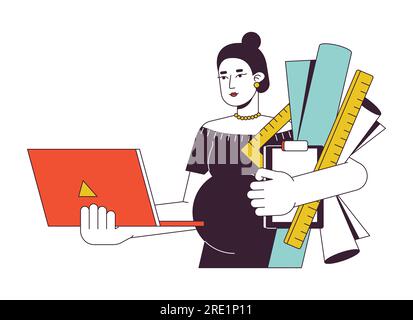 Woman with laptop, rulers, drawings flat line concept vector spot illustration Stock Vector