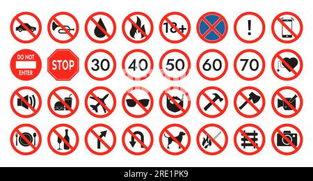 Red prohibition icon. Danger smoking warning sign, cigarette, alcohol and weapon prohibited signs and public warning icons. Vector flat collection. Restrictions for cellphone, sunglasses, pets Stock Vector