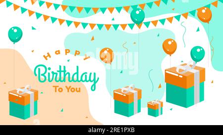 Happy birthday background in cartoon style with balloons, confetti and gift box. suitable for greeting card or social media message Stock Vector