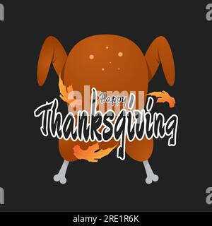 happy thanks giving background with roasted turkey and leaves. suitable for banner, greeting card, poster, etc. vector illustration Stock Vector