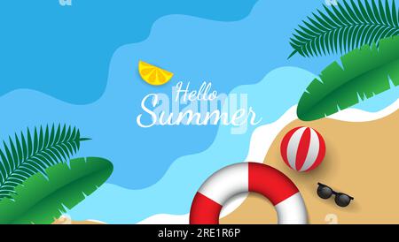 summer background with beach sand, beach balls, beach tires, glasses and tropical leaves Stock Vector