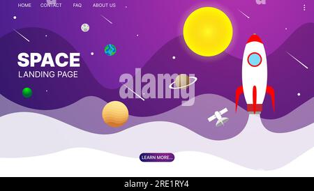 Landing page background template. Presentation design. Space, planets and rocket. Website template design. Vector illustration Stock Vector