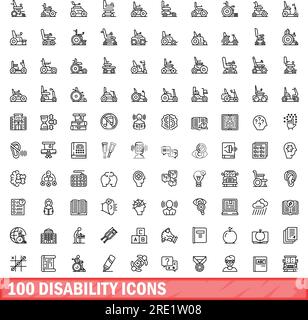 100 disability icons set. Outline illustration of 100 disability icons vector set isolated on white background Stock Vector