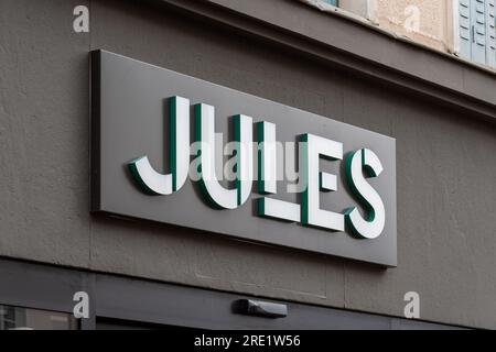 Sign and logo of a Jules store, a French chain of men's ready-to-wear clothing stores Stock Photo