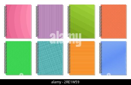 Vector Spiral Notebook Covers, lot collection of 8 cut out illustrations of different spiral notebook modern cover design, group of closed colorful pa Stock Vector