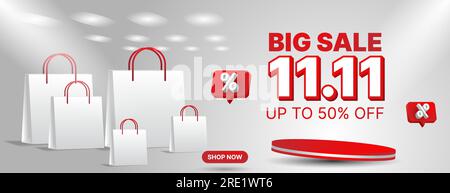 11.11 sale banner design template with 3d podium in red, white and orange color Stock Vector