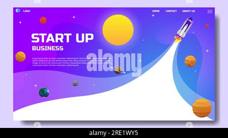 landing page template of startup business. startup background with rocket, planets, sun and universe. vector illustration Stock Vector